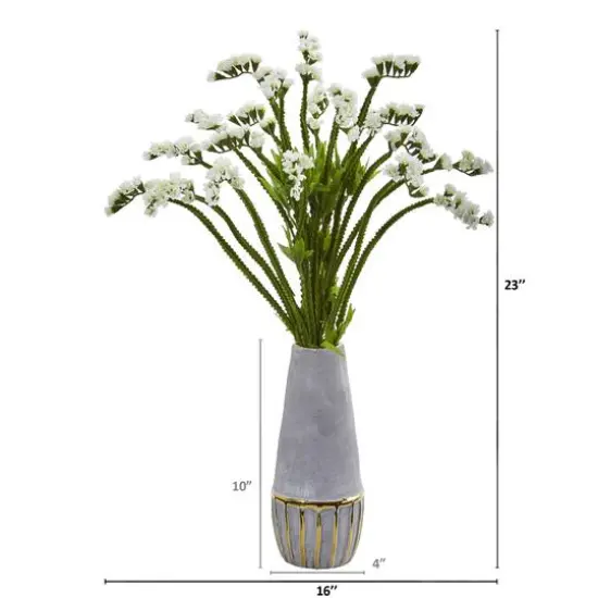 23" Baby's Breath Artificial Arrangement in Oval Vase with Gold Trimming White {3}
