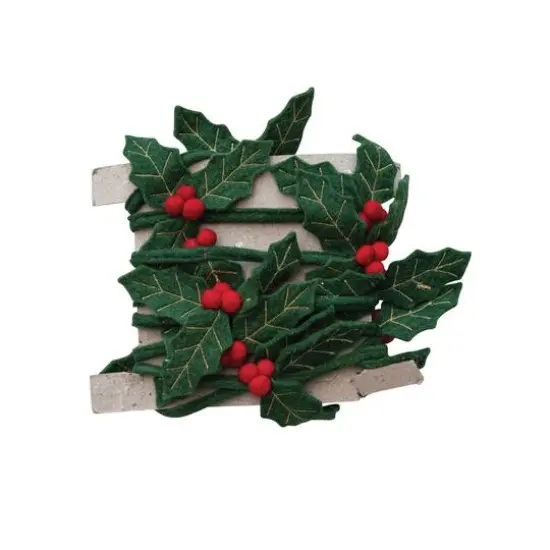 Hello Honey® 6ft. Green & Red Handmade Wool Felt Gold Embroidered Holly Leaves & Berries Wired Garland {3}