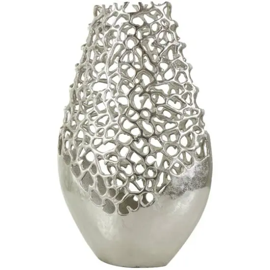 21" Silver Aluminum Metal Rounded Vase with Freeform Open Lattice Work {1}