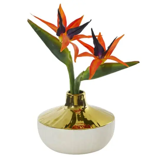 14" Bird of Paradise Artificial Arrangement in Gold and Cream Elegant Vase {1}