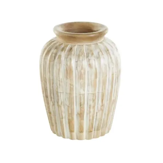 11" Light Brown Mango Wood Distressed Vase with Carved Ridges {1}