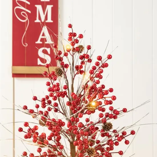 3ft. Pre-Lit Berry & Pinecone Artificial Urn Christmas Porch Tree, Warm White LED Lights {6}