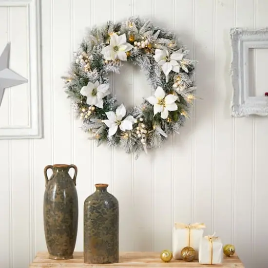 24" White LED Lights Flocked Poinsettia & Pine Artificial Christmas Wreath {5}