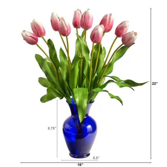 22" Mauve Dutch Tulip Arrangement in Blue Vase {3}