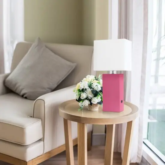Lalia Home Lexington 21" Leather Table Lamp with USB Charging Port Hot Pink {6}