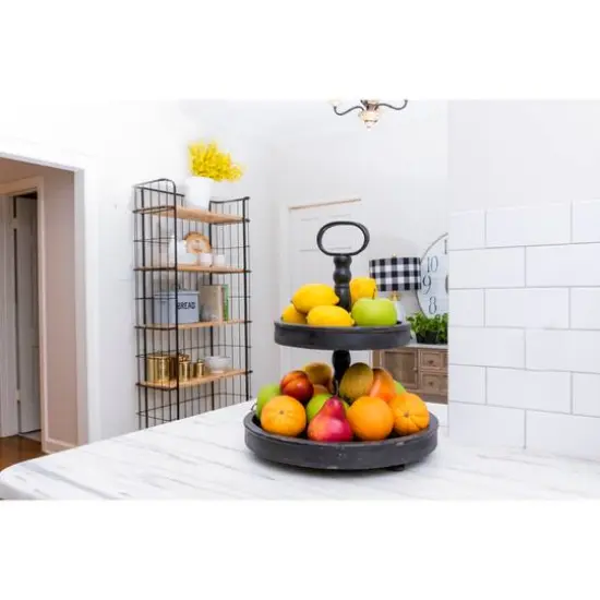 Hello Honey&reg; 18.5" Distressed Black Wood 2-Tier Tray {11}