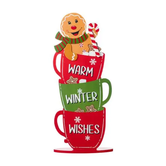 Glitzhome&reg; 34.5" Wooden Christmas Gingerbread Man on Coffee Cup Porch Decor {3}