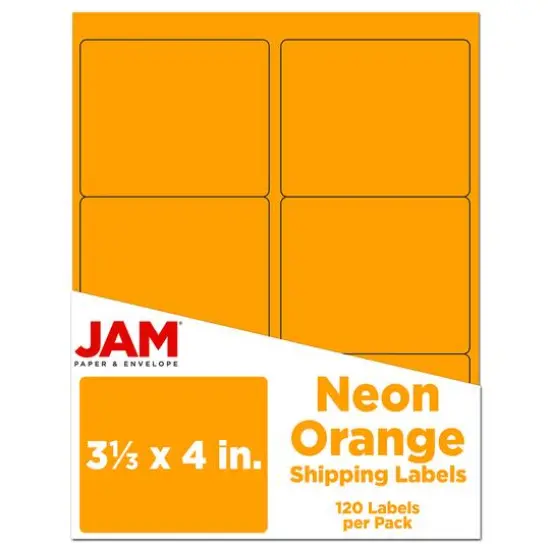 JAM Paper Adhesive Shipping Labels, 3.33" x 4" Neon Orange {1}
