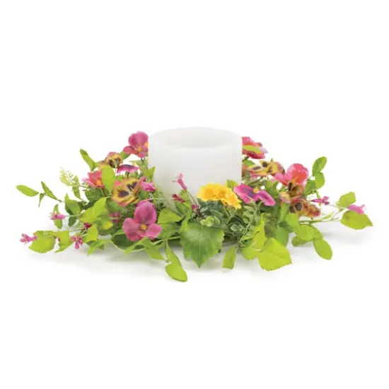 20" Pink & Yellow Mixed Pansy Floral Candle Ring {1}