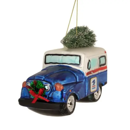 5" Blue & Silver USPS Post Office Truck with Frosted Tree Glass Christmas Ornament {4}