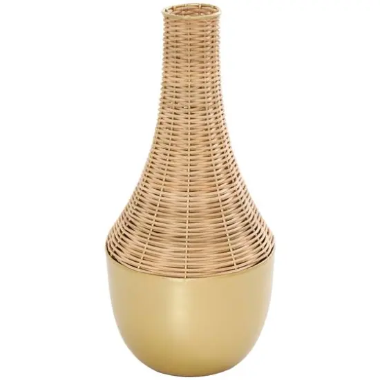 15" Brown & Gold Rattan Handmade Woven Vase {1}