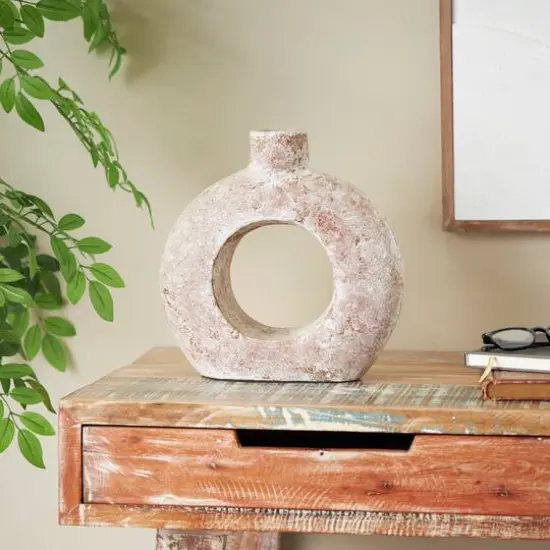 12" Cream Ceramic Textured Circle Donut Vase {9}