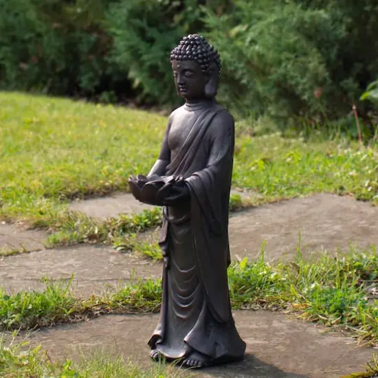 19.5" Dark Brown Standing Buddha with Lotus Outdoor Garden Statue {3}