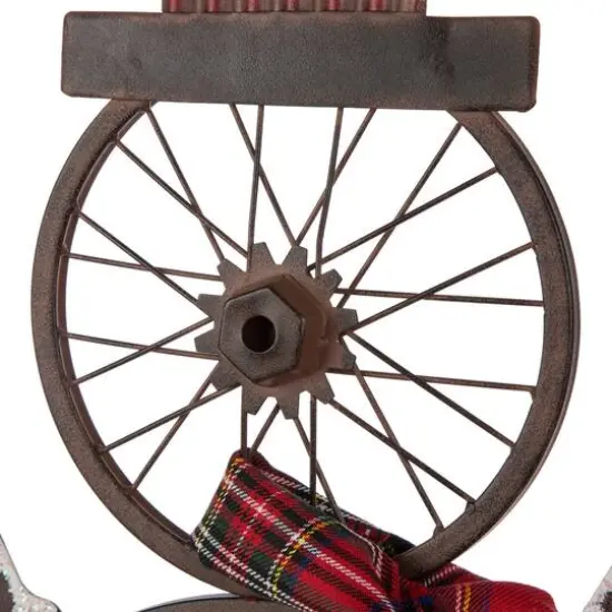 Glitzhome&reg; 34" Metal Bike Wheel Snowman with Plaid Scarf Porch D&eacute;cor {6}