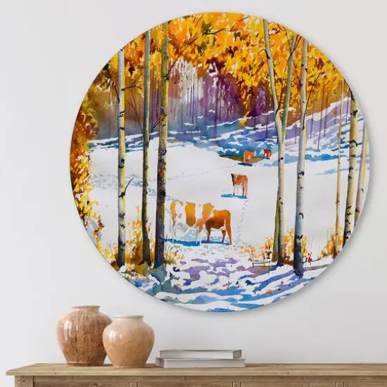 Designart - Cattle In The Early Snow In The Forest - Farmhouse Metal Circle Wall Art {2}