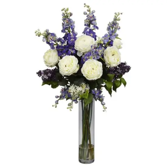 3ft. Rose, Delphinium & Lilac Arrangement in Glass Vase {1}