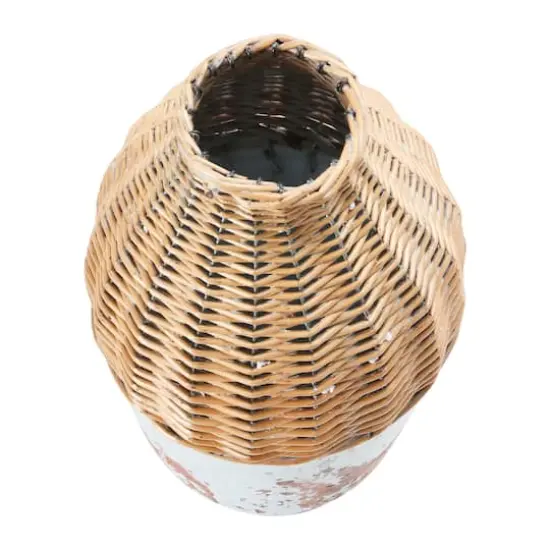 Hello Honey&reg; 16.5" Distressed White Hand-Woven Rattan & Clay Vase {6}