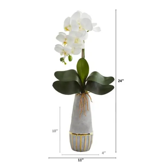 24" Phalaenopsis Orchid Artificial Arrangement in Stoneware Vase with Gold Trimming {3}