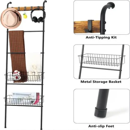 NEX&trade; 64" Black Blanket Ladder Leaning Towel Holder with 2 Metal Baskets {4}