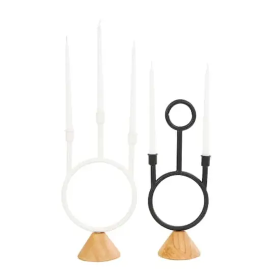 Black & White Metal Abstract Circular Ring Candle Holder with Wooden Cone Bases Set {4}