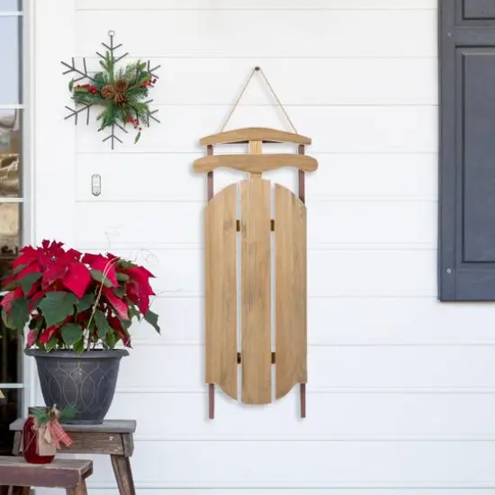 Glitzhome&reg; 34.25"&nbsp;Wooden Natural Christmas Sleigh Porch Decor {3}