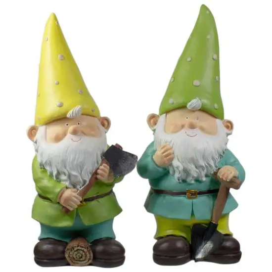 12.25" Green & Yellow Gnome Outdoor Garden Statue Set {1}