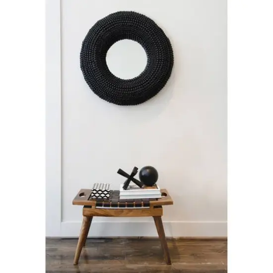 Hello Honey&reg; 18" Black & Natural Mango Wood & Woven Leather Stool with Handles {3}