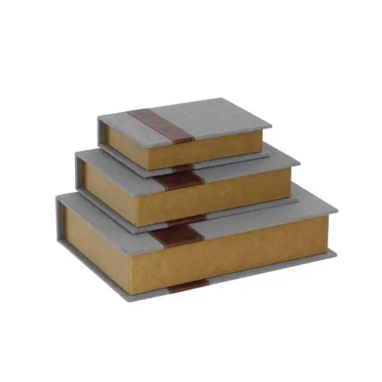 Gray Linen Faux Book Box with Faux Leather Detailing Set {4}