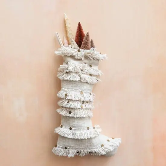 Hello Honey® 20" Cream Woven Cotton Slub Stocking with Vintage Reproduction Moroccan Wedding Blanket Embellishments {3}