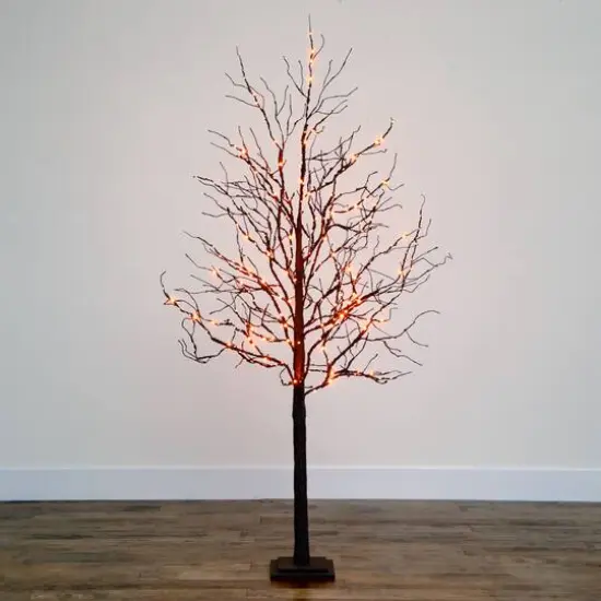 6ft. Orange & Purple LED Pre-Lit Halloween Deluxe Black Twig Artificial Fall Tree {13}