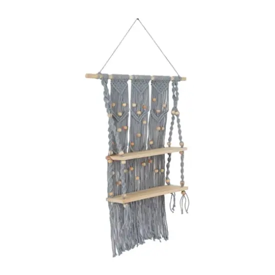 Gray Cotton Handmade 2 Shelves Macrame Wall Shelf 25" x 6" x 47" {3}