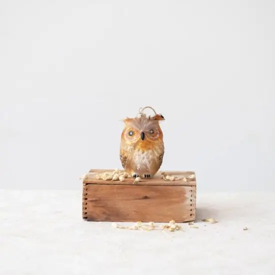 Hello Honey&reg; 4" Brown Owl Glass Ornament with Feathers {3}