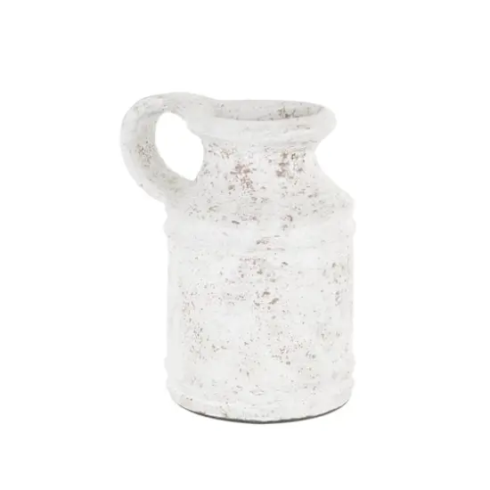 10" White Ceramic Antique Style Textured Vase with Terracotta Accents and Ring Handle {4}