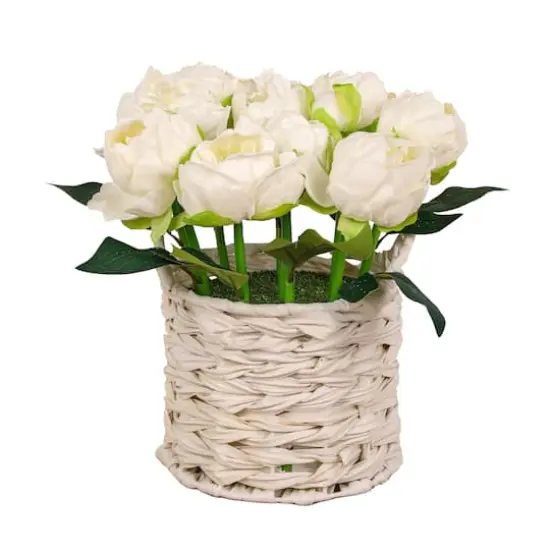 10" Peony Flower Bouquet In White Basket {1}