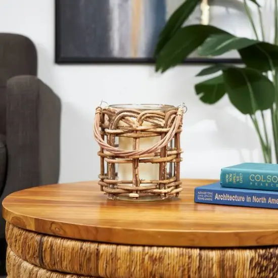 9" Clear Glass Handmade Candle Lantern with Brown Rattan Woven Exterior & Twisted Handle {7}