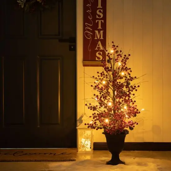 3ft. Pre-Lit Berry & Pinecone Artificial Urn Christmas Porch Tree, Warm White LED Lights {4}