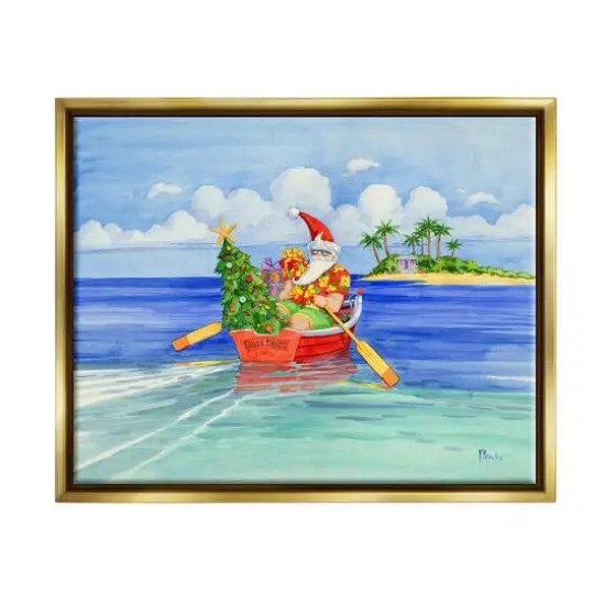 Stupell Industries Santa's Delivery Tropical Christmas Boat Gold Framed Floater Canvas Wall Art {1}
