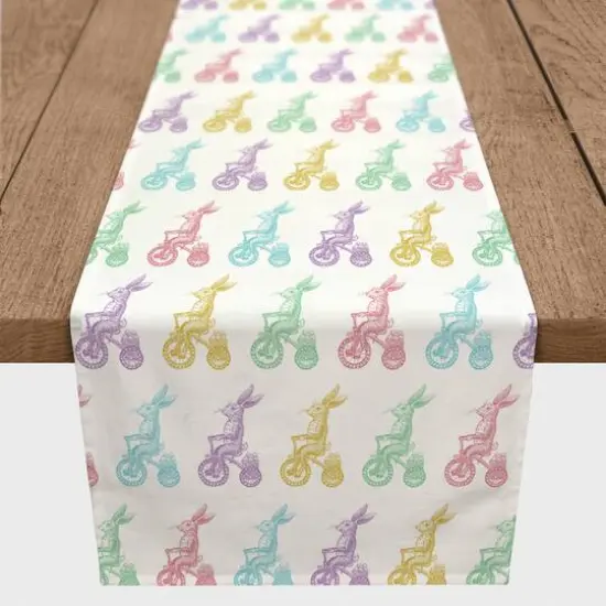 Pastel Bunnies on Bikes Twill Table Runner {1}