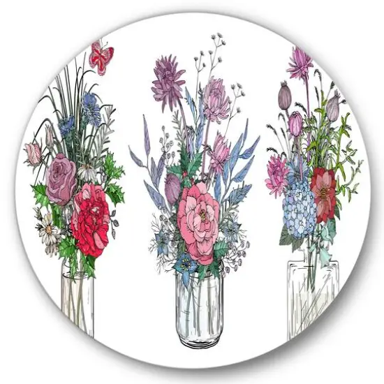 Designart - Bouquets of Wildflowers In Transparent Vases I - Farmhouse Metal Circle Wall Art {1}