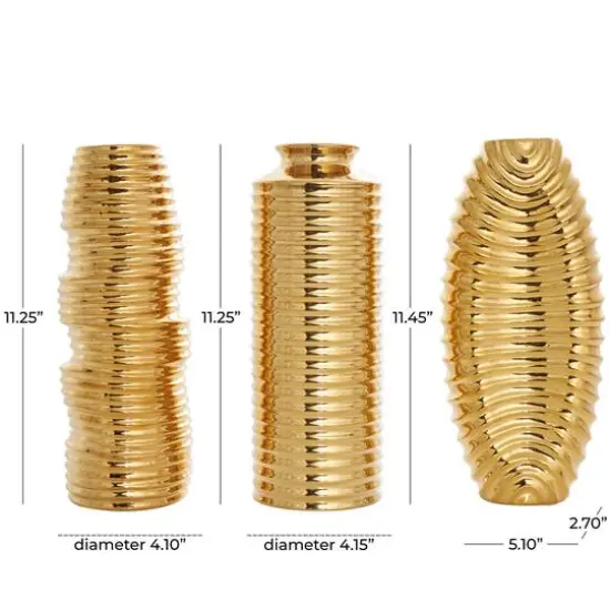 Gold Ceramic Dimensional Ribbed Vase Set {7}