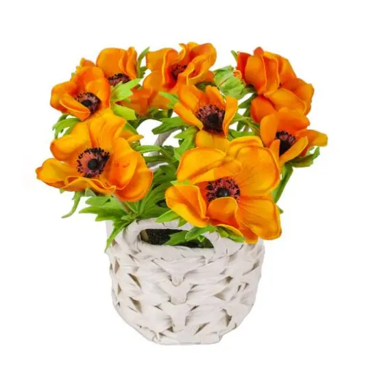 10" Anemone Flower Bouquet In White Basket Orange {6}
