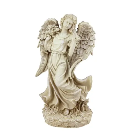 18" Heavenly Gardens Distressed Almond Brown Angel with Bird & Bouquet Outdoor Statue {1}