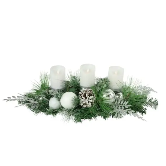 30" Green Pine & Needle Triple Candle Holder with Pinecones & Christmas Ornaments {4}