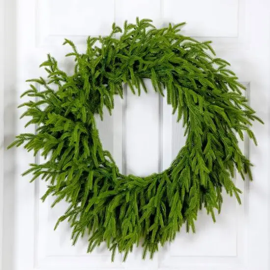 24in. Pre-Lit Artificial Real Touch Norfolk Island Pine Wreath with 50 Warm White LED Lights and Natural Look {11}