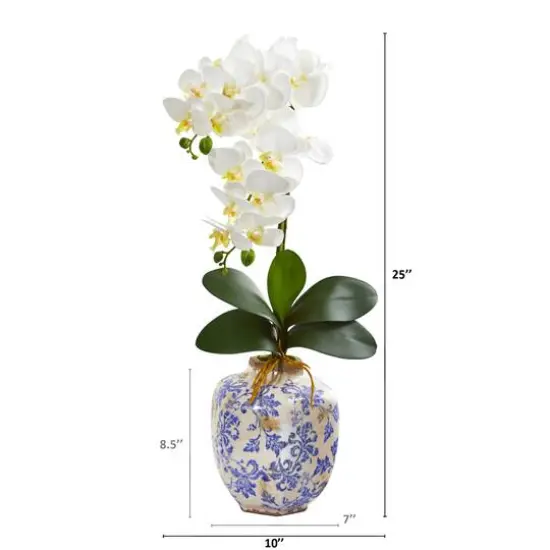 25" Moth Orchid Artificial Arrangement in Floral Vase White {3}
