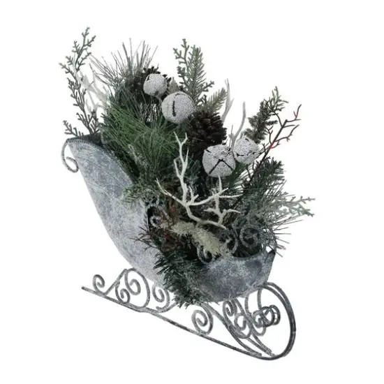9.5" Gray & Green Frosted Pinecone in Foliage Filled Tabletop Sleigh {3}