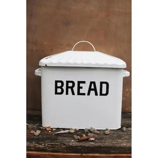 Hello Honey&reg; 13.5" Enameled Metal Distressed White Bread Box with Lid {4}