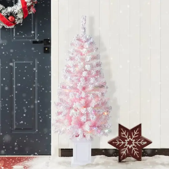 Glitzhome&reg; 4ft Pre-Lit Flocked Pink Artificial Christmas Porch Tree, Multi-color LED Lights {4}