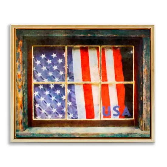 Stupell Industries Patriotic American Flag Rustic Window Festive Home Floater Framed Art Gold {1}