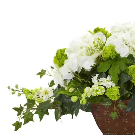 15.5" White Hydrangea & Ivy Arrangement in Metal Planter {3}